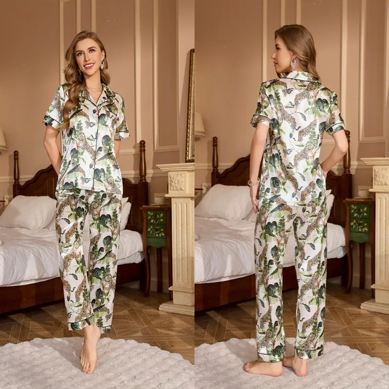 Summer New Female 2Pcs Pajamas Set Sleepwear Print Leaf Tiger Short Sleeve Trouser Suits Loose Silk Satin Homewear Loungewear
Summer New Female 2Pcs Pajamas Set Sleepwear Print Leaf Tiger Short Sleeve Trouser Suits Loose Silk Satin Homewear Loungewear
