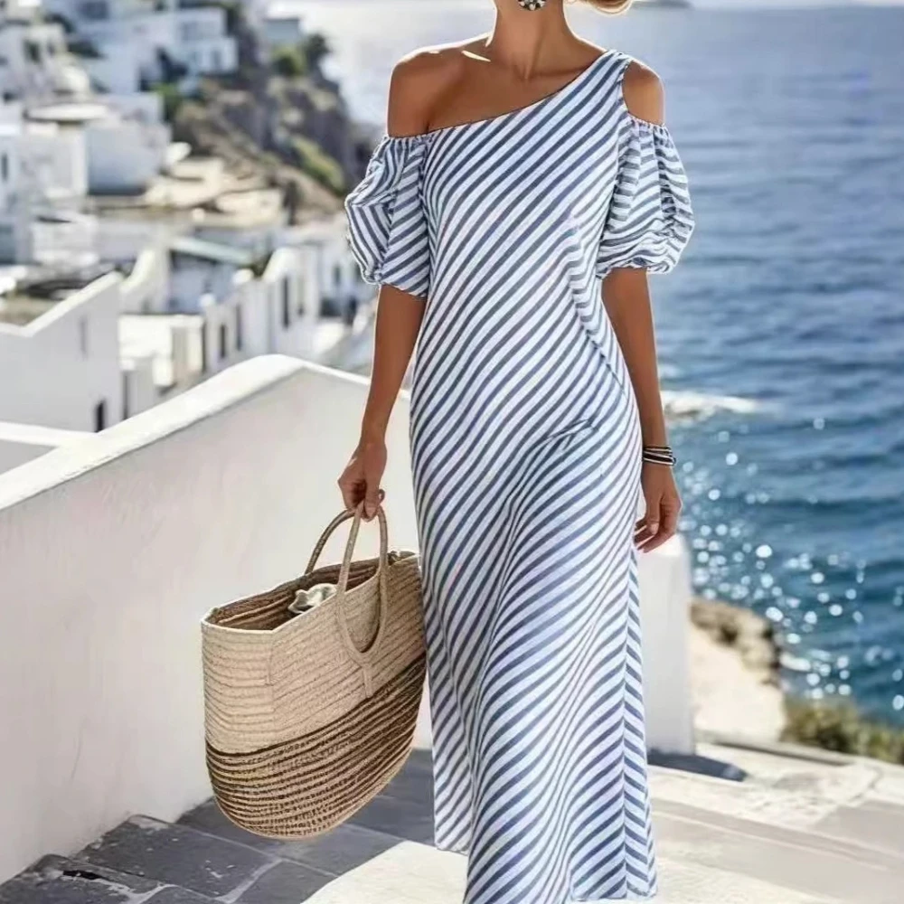 Simple Fashionable Elegant Striped Off Shoulder Bubble Sleeves Loose Vacation Beach Commuting A-line Women's Dress
Simple Fashionable Elegant Striped Off Shoulder Bubble Sleeves Loose Vacation Beach Commuting A-line Women's Dress