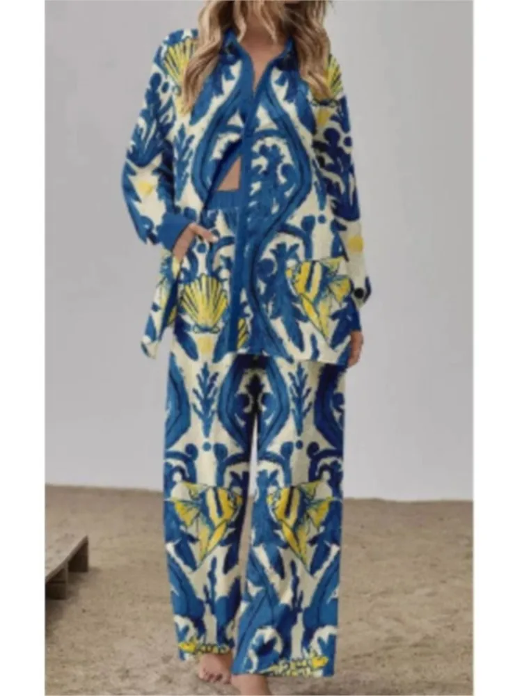 Women's Summer Printed Loose Pants Sets Single-breasted Shirts + Wide Leg Pant Two-piece Set Female Fashion Streetwear Clothing
Women's Summer Printed Loose Pants Sets Single-breasted Shirts + Wide Leg Pant Two-piece Set Female Fashion Streetwear Clothing