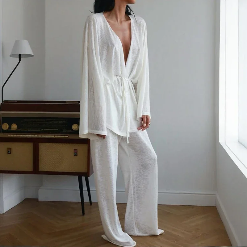 Fashion Modal Pant Two Piece Set Women's Lace Up Long Sleeve Causal Pajamas Suit Loose Sexy Home Clothing Female Solid 
Fashion Modal Pant Two Piece Set Women's Lace Up Long Sleeve Causal Pajamas Suit Loose Sexy Home Clothing Female Solid