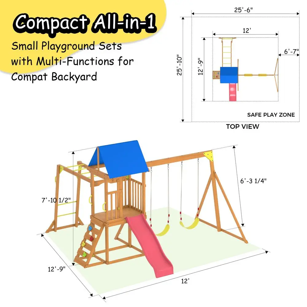 Wooden Swing Sets for Backyard, Kids Outdoor Playground Set with Monkey Bars, Wave Slide, 2 Belt Swings, Climbing Ladder, Rock
Wooden Swing Sets for Backyard, Kids Outdoor Playground Set with Monkey Bars, Wave Slide, 2 Belt Swings, Climbing Ladder, Rock