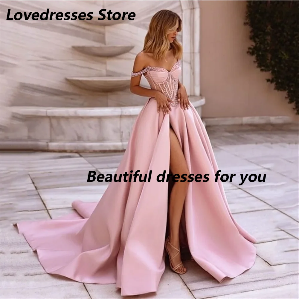 Pink Off Shoulder Evening Dress with Pearls Prom Dress Sweetheart A-Line Side Split Pleated Wedding Party Dress Customized
Pink Off Shoulder Evening Dress with Pearls Prom Dress Sweetheart A-Line Side Split Pleated Wedding Party Dress Customized