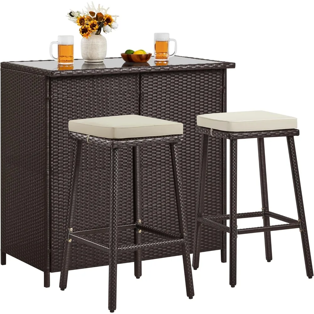3pcs Outdoor Bar Set, Patio Wicker Bar Furniture with 2 Storage Shelves, Glass Top Table, Cushions and Two Stools,
3pcs Outdoor Bar Set, Patio Wicker Bar Furniture with 2 Storage Shelves, Glass Top Table, Cushions and Two Stools,