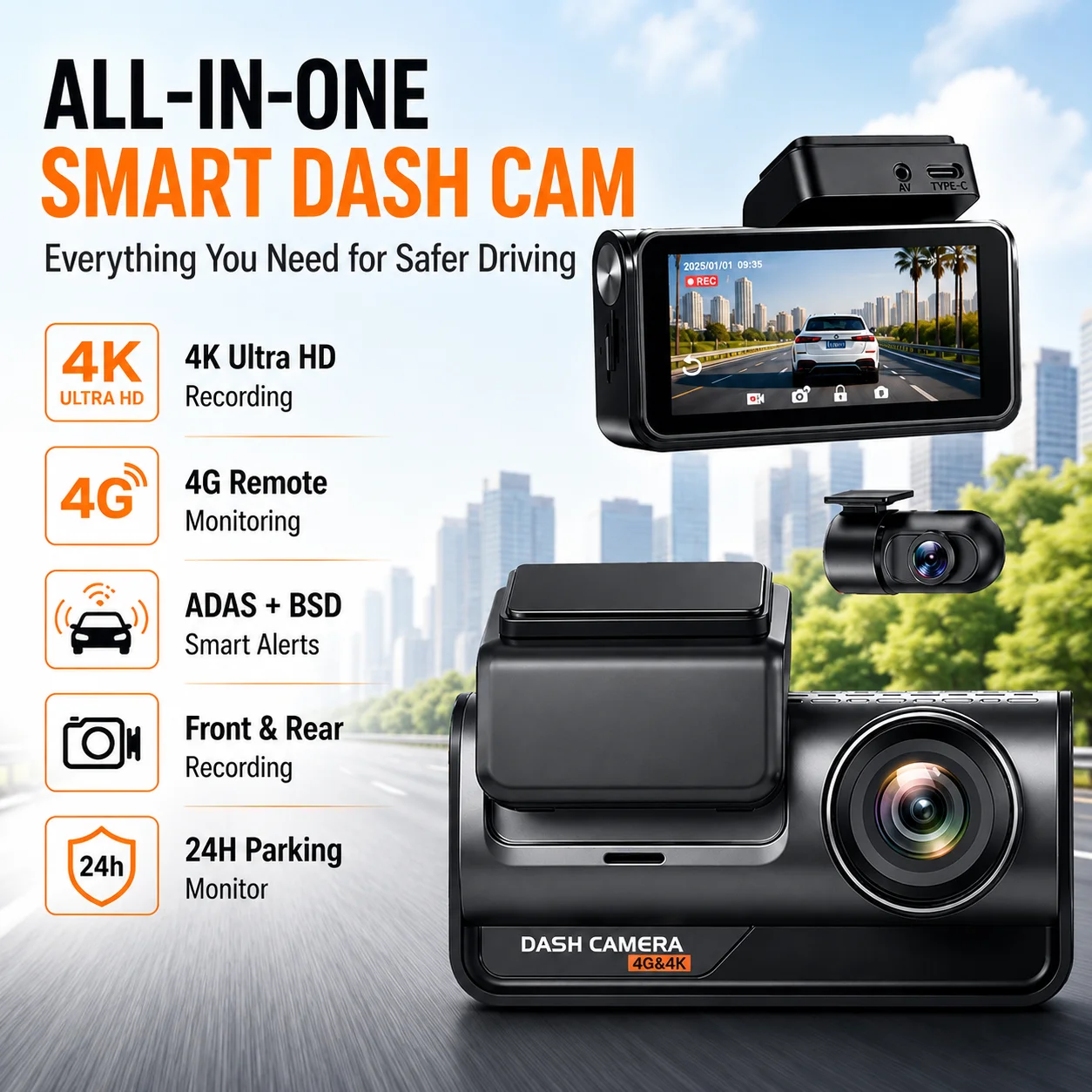 3.16Inch 4K+1k Ultra Dash Cam 4G Car DVR ADAS Front/Rear Dual Cameras WiFi Night Vision G-Sensor Loop Recording Black Box
3.16Inch 4K+1k Ultra Dash Cam 4G Car DVR ADAS Front/Rear Dual Cameras WiFi Night Vision G-Sensor Loop Recording Black Box