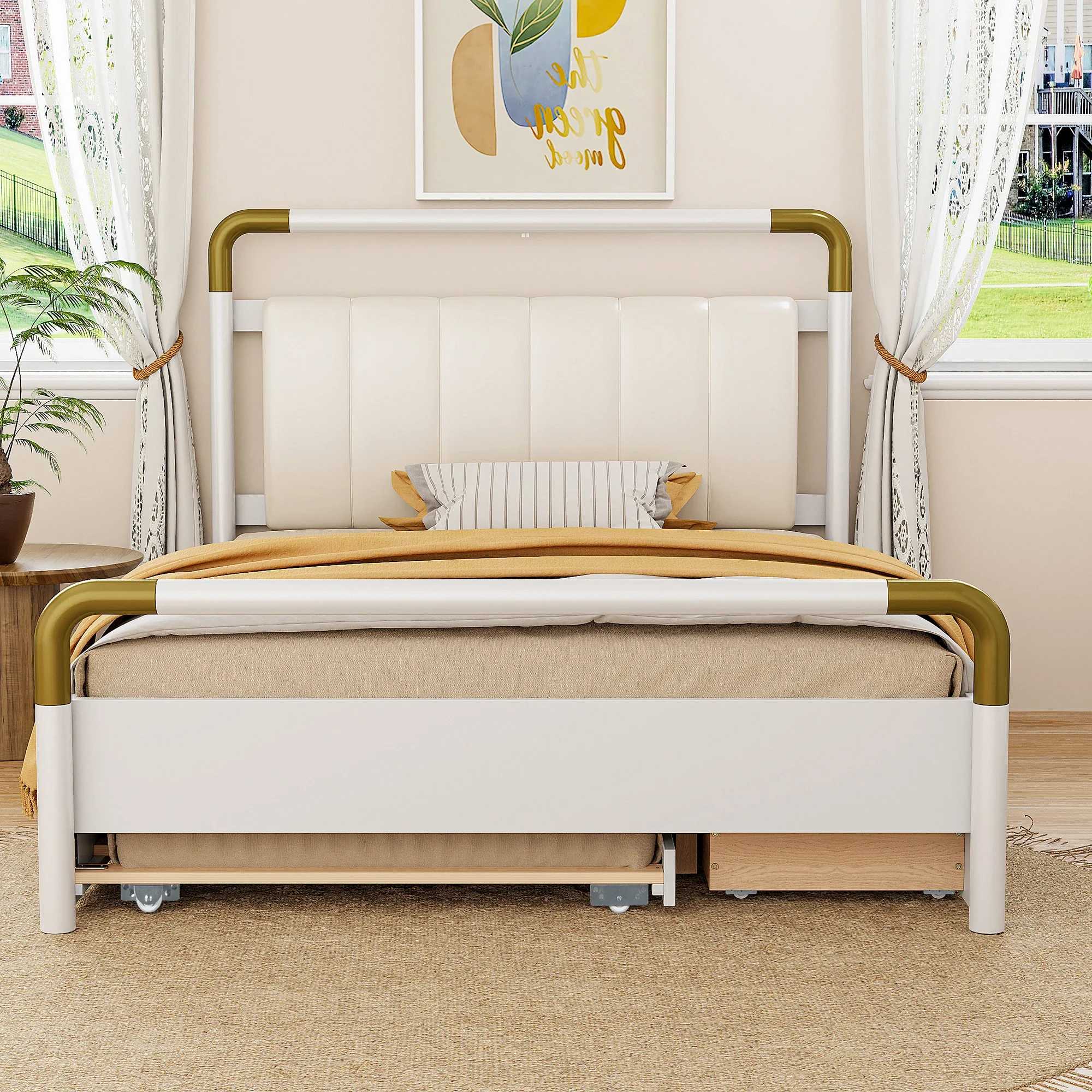 Queen Size Wooden Platform Bed frame with Storage,2 Big Drawers,T-XL Size Trundle,soft PU leather backrest &metal accents White
Queen Size Wooden Platform Bed frame with Storage,2 Big Drawers,T-XL Size Trundle,soft PU leather backrest &metal accents White