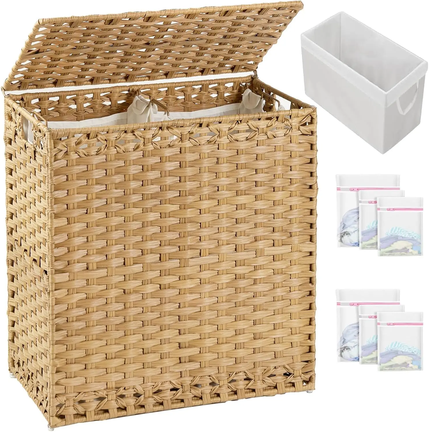 Handwoven Rattan Laundry Basket with Lid, 112L Capacity, Includes Removable Liner and Mesh Bags for Bathroom or Bedroom
Handwoven Rattan Laundry Basket with Lid, 112L Capacity, Includes Removable Liner and Mesh Bags for Bathroom or Bedroom