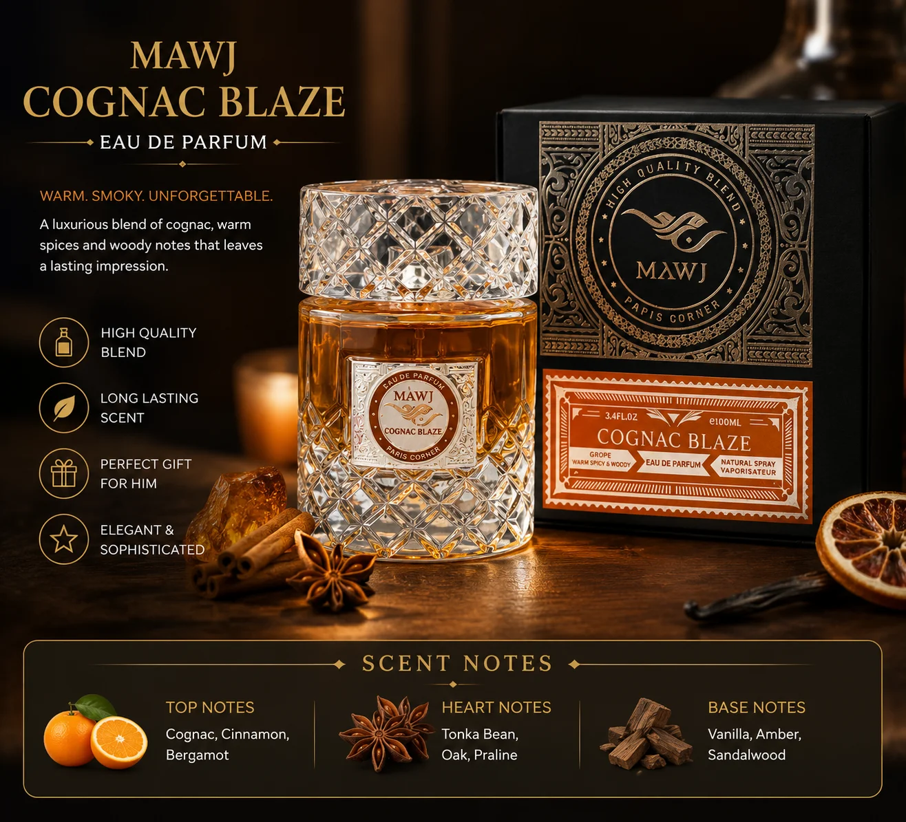 MAWJ Cognac Blaze EDP 100ml - Long Lasting Warm Spicy Woody Fragrance For Men - Luxury Crystal Cut Bottle Perfume Gift
MAWJ Cognac Blaze EDP 100ml - Long Lasting Warm Spicy Woody Fragrance For Men - Luxury Crystal Cut Bottle Perfume Gift