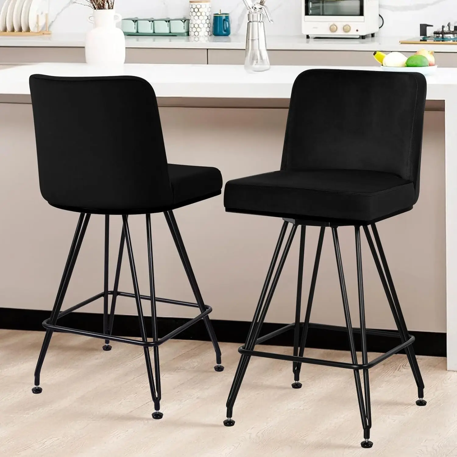 Set of 2 Modern Swivel Bar Stools with Back, Velvet Upholstery and V-Shaped Metal Legs for Kitchen Island, Black
Set of 2 Modern Swivel Bar Stools with Back, Velvet Upholstery and V-Shaped Metal Legs for Kitchen Island, Black