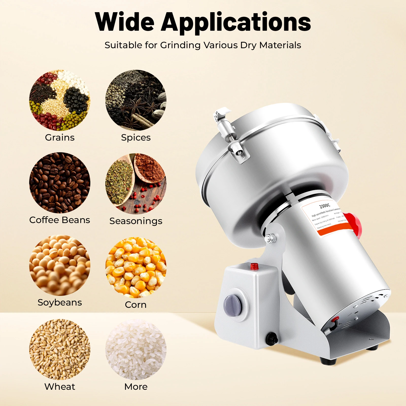 110V 4500W Electric Grain Mill Grinder 2500g, 304 Stainless Steel, 1‑5 Min Timer for Dry Grain Herb Spice Coffee
110V 4500W Electric Grain Mill Grinder 2500g, 304 Stainless Steel, 1‑5 Min Timer for Dry Grain Herb Spice Coffee
