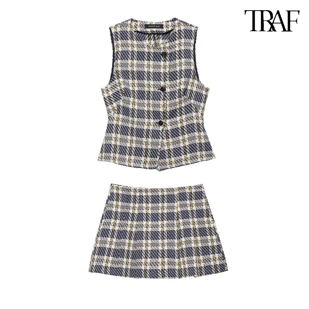 TRAF Women's Textured Sleeveless Single Breasted Vest + Loose Pleated Mini Skirt Pants Summer Temperament Street Plaid Suit
TRAF Women's Textured Sleeveless Single Breasted Vest + Loose Pleated Mini Skirt Pants Summer Temperament Street Plaid Suit
