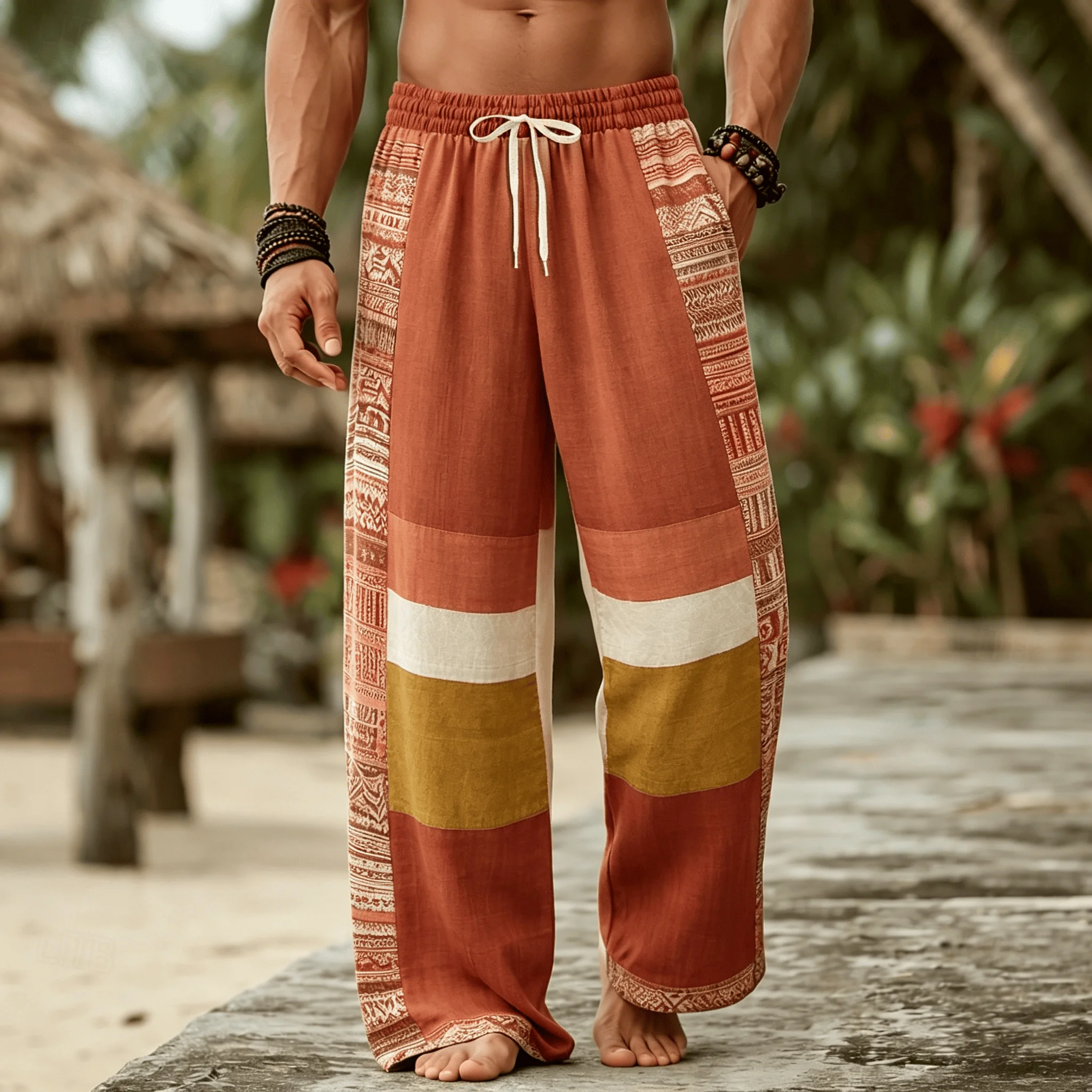Men's Ethnic Print Tribal Patchwork Drawstring Pants, Boho Color Block Casual Trousers for Spring & Summer
Men's Ethnic Print Tribal Patchwork Drawstring Pants, Boho Color Block Casual Trousers for Spring & Summer