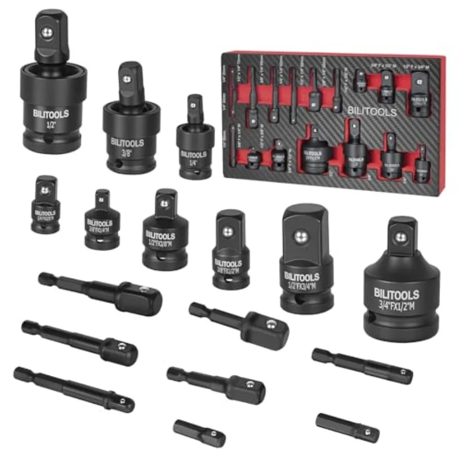 Socket Adapter Set 17 Piece includes Reducer, Universal Joint Socket Set, Drill Adapter 1/4" 3/8" 1/2"
Socket Adapter Set 17 Piece includes Reducer, Universal Joint Socket Set, Drill Adapter 1/4" 3/8" 1/2"