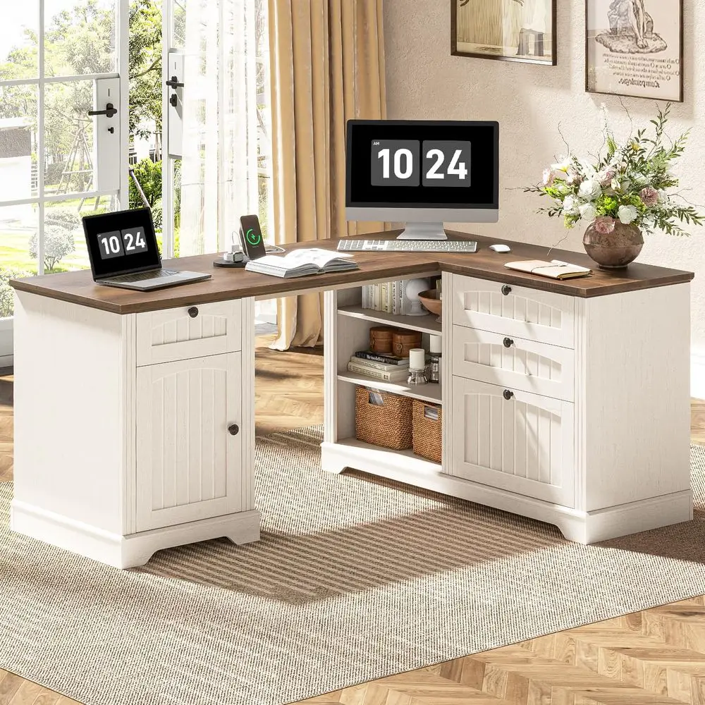 L Shaped Desk with Drawers, 56 Inch Executive Desk with File Drawer and Storage Cabinet, Wooden Corner Computer Desk with Power
L Shaped Desk with Drawers, 56 Inch Executive Desk with File Drawer and Storage Cabinet, Wooden Corner Computer Desk with Power