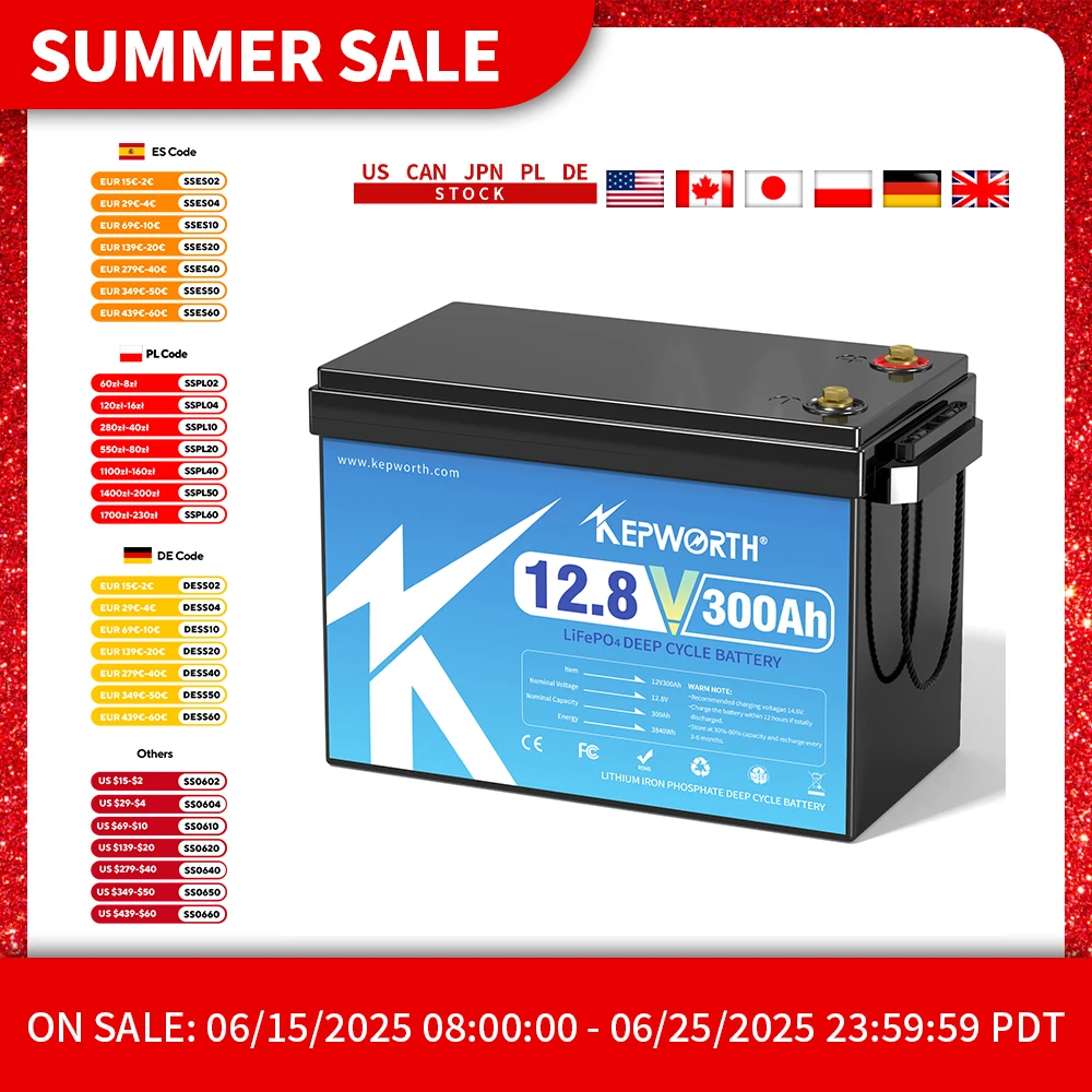 KEPWORTH 12V 300Ah LiFePO4 Battery, Built-in 200A BMS 3840Wh Energy Deep Cycles, Perfect for Off-Grid, Motorhome, Solar System
KEPWORTH 12V 300Ah LiFePO4 Battery, Built-in 200A BMS 3840Wh Energy Deep Cycles, Perfect for Off-Grid, Motorhome, Solar System