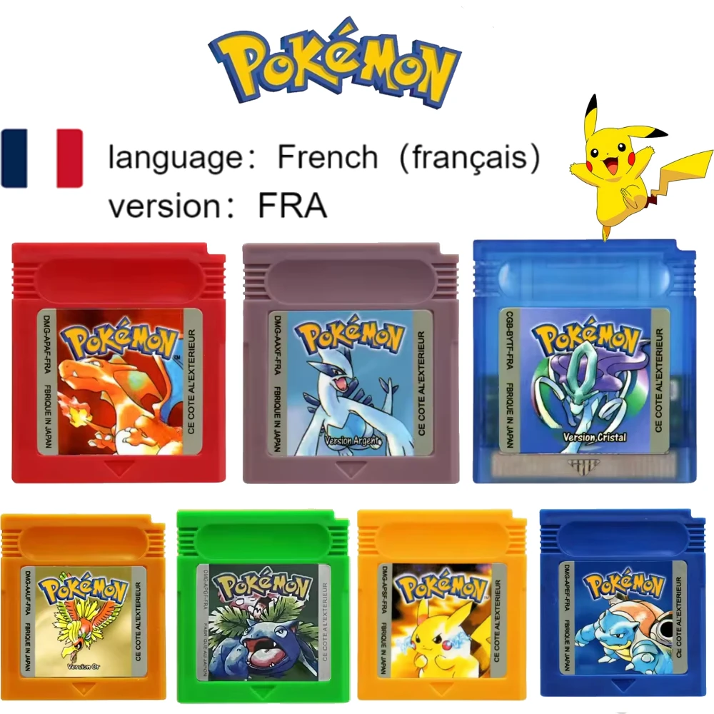 Игровой картридж GBC серии Pokemon French Language, 16-битная карта для игровой консоли, желтый, синий, кристалл, золото, серебро, красный, подарочная игрушка 
Игровой картридж GBC серии Pokemon French Language, 16-битная карта для игровой консоли, желтый, синий, кристалл, золото, серебро, красный, подарочная игрушка