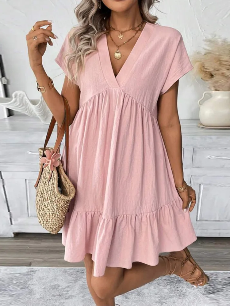 Summer Simple Style Short Sleeve Mini Dress Ladies Ruffle Solid Casual Loose Pleated Dresses V Neck Vintage Vestidos
Summer Simple Style Short Sleeve Mini Dress Ladies Ruffle Solid Casual Loose Pleated Dresses V Neck Vintage Vestidos