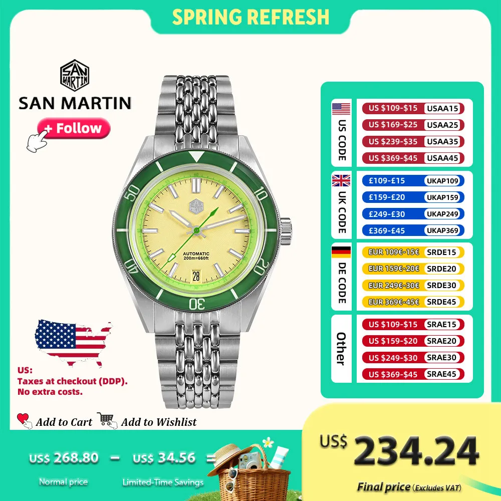 San Martin 39.5mm Men Diver Watch Original Design Fruit Style NH35 Mechanical Watches Sapphire Bezel Luminous 20Bar SN0116G-B
San Martin 39.5mm Men Diver Watch Original Design Fruit Style NH35 Mechanical Watches Sapphire Bezel Luminous 20Bar SN0116G-B