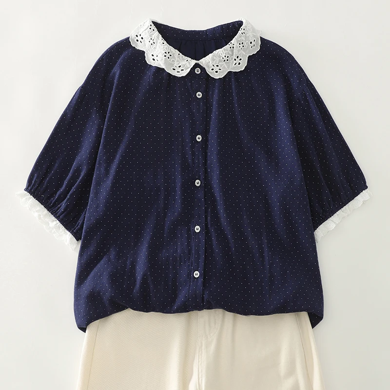 Deep Blue Polka Dot Pure Cotton Casual irt Lace Collar Loose ort Sve Doll Collar Women's Comfortable Versatile irt
Deep Blue Polka Dot Pure Cotton Casual irt Lace Collar Loose ort Sve Doll Collar Women's Comfortable Versatile irt