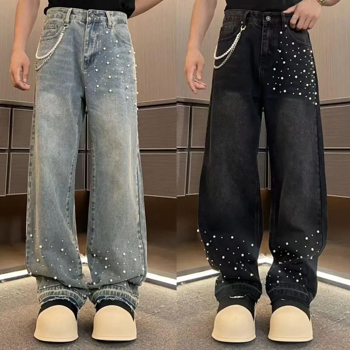 High Quality Men's Straight Leg Loose Fit Jeans Heavy Duty Washed Pearl Pendant Casual Comfortable Retro Style mid Waist
High Quality Men's Straight Leg Loose Fit Jeans Heavy Duty Washed Pearl Pendant Casual Comfortable Retro Style mid Waist