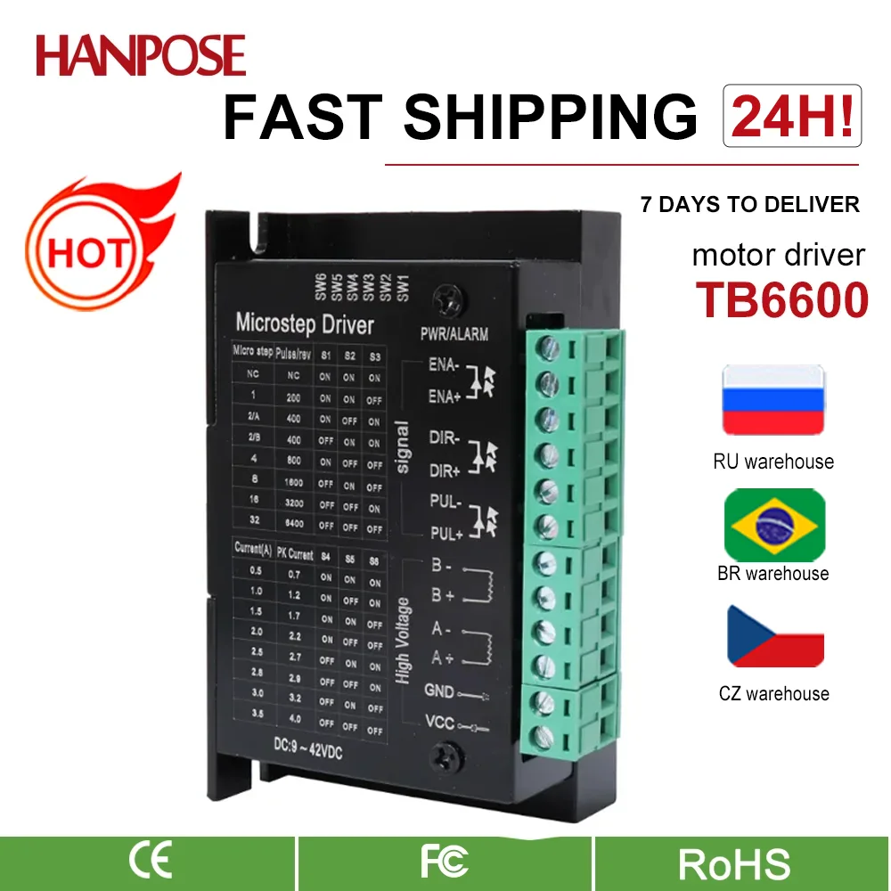 HANPOSE Stepper Motor Driver TB6600 upgrade Nema 23 Nema 34 42/57/86 Nema17 4A DC9-40V 1 axis Stepping Motor CNC
HANPOSE Stepper Motor Driver TB6600 upgrade Nema 23 Nema 34 42/57/86 Nema17 4A DC9-40V 1 axis Stepping Motor CNC