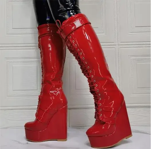 Red Patent Leather Platform Wedge Steel Tube Dance Shoes Woman Cross Lace Up Front Round Toe Waterproof Knee High Long Boots
Red Patent Leather Platform Wedge Steel Tube Dance Shoes Woman Cross Lace Up Front Round Toe Waterproof Knee High Long Boots
