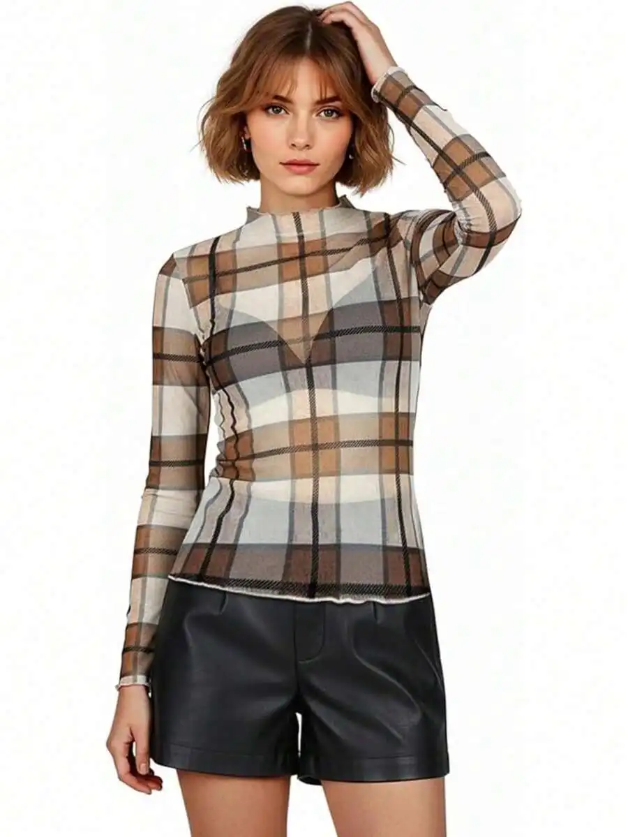 Sheer Plaid Mesh Long Sleeve Top For Women Mock Neck Lace Embroidery Blouse
Sheer Plaid Mesh Long Sleeve Top For Women Mock Neck Lace Embroidery Blouse