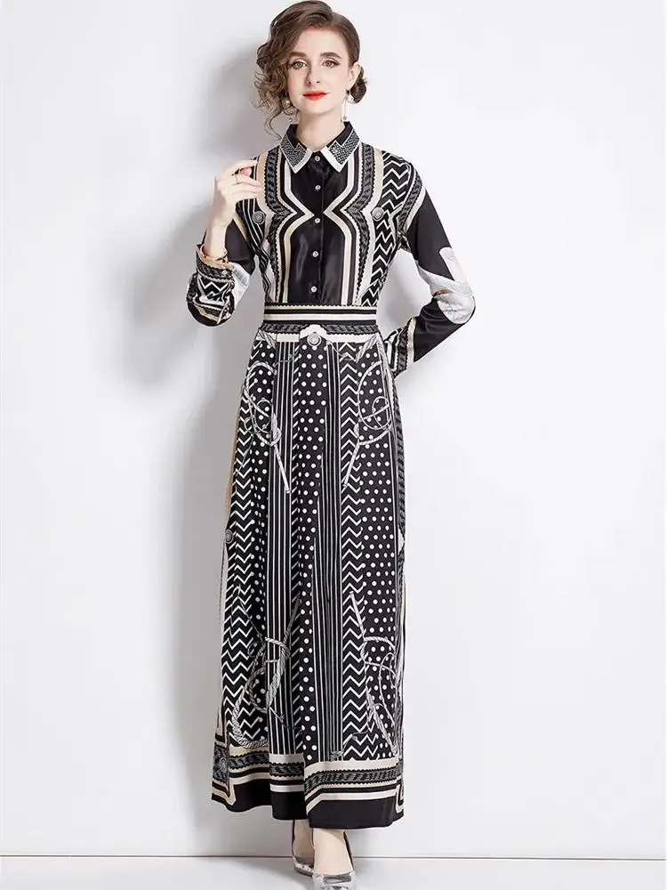 Women Shirt Collar Long Sleeve Single Breasted High Waist Robe Dress New 2025 Spring Autumn Fashion Chain Print Long Vestidos
Women Shirt Collar Long Sleeve Single Breasted High Waist Robe Dress New 2025 Spring Autumn Fashion Chain Print Long Vestidos