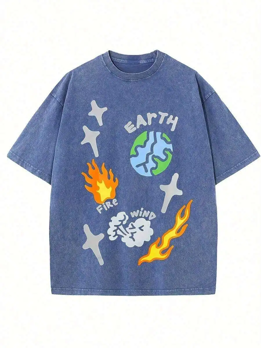 Oversized Denim Cotton T-Shirt With Earth Fire Wind Graphic Print Streetwear Loose Fit Tee
Oversized Denim Cotton T-Shirt With Earth Fire Wind Graphic Print Streetwear Loose Fit Tee