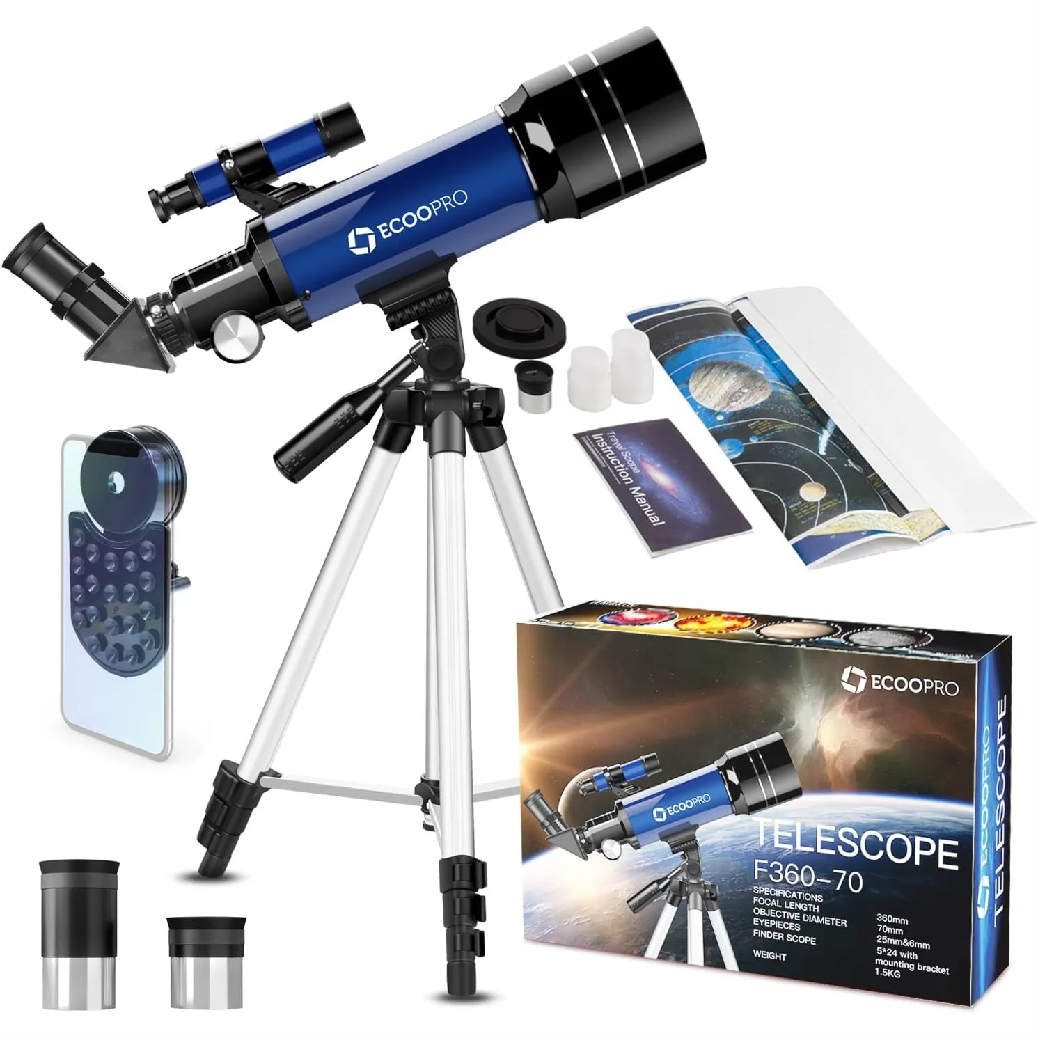 70mm Aperture 360mm Refractor Telescope for Kids & Adults, Portable Travel Telescope with Phone Adapter & 2 Eyepieces, 51X-128X
70mm Aperture 360mm Refractor Telescope for Kids & Adults, Portable Travel Telescope with Phone Adapter & 2 Eyepieces, 51X-128X