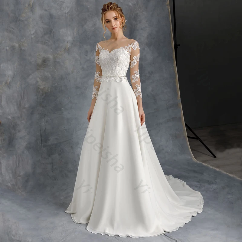 High Quality A-Line 3/4 Sleeve Wedding Dresses Robe De Mariee Custom Made Sheer O-Neck Lace Appliques Chiffon Long Civil
High Quality A-Line 3/4 Sleeve Wedding Dresses Robe De Mariee Custom Made Sheer O-Neck Lace Appliques Chiffon Long Civil