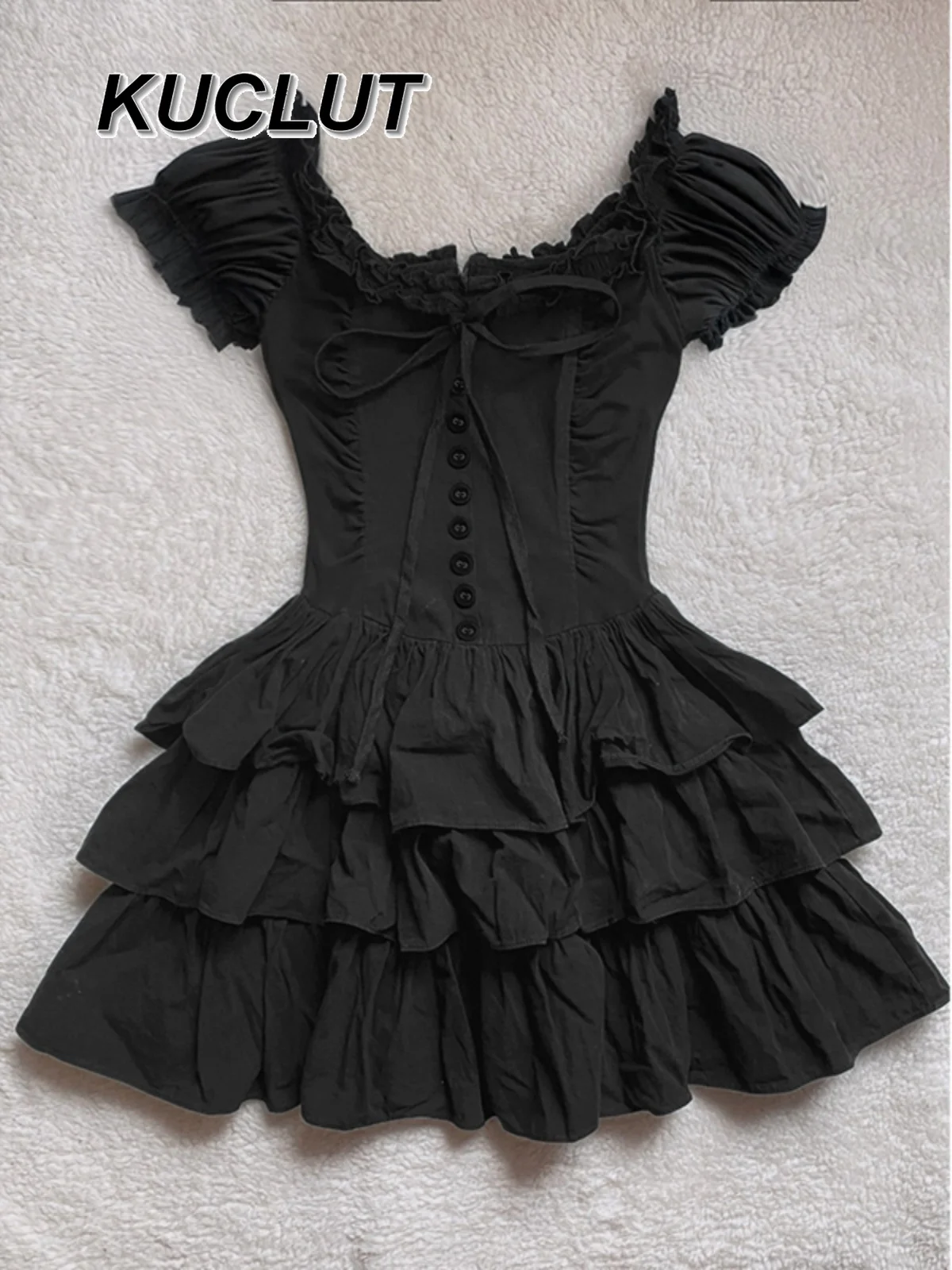 Solid Color Black Round Neck Short-sleeved Dress for Women 2025 New Fashion Summer Sweet and Cute Vintage Dress for Lady 
Solid Color Black Round Neck Short-sleeved Dress for Women 2025 New Fashion Summer Sweet and Cute Vintage Dress for Lady