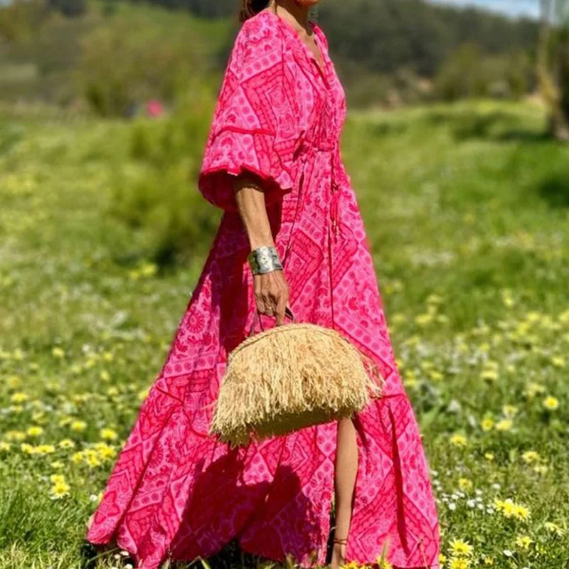 Lady Temperament V Neck Loose Holiday Dress New Summer Floral Print Puff Sleeve Pleated Dress Casual Lace Up Swing Long Dresses
Lady Temperament V Neck Loose Holiday Dress New Summer Floral Print Puff Sleeve Pleated Dress Casual Lace Up Swing Long Dresses