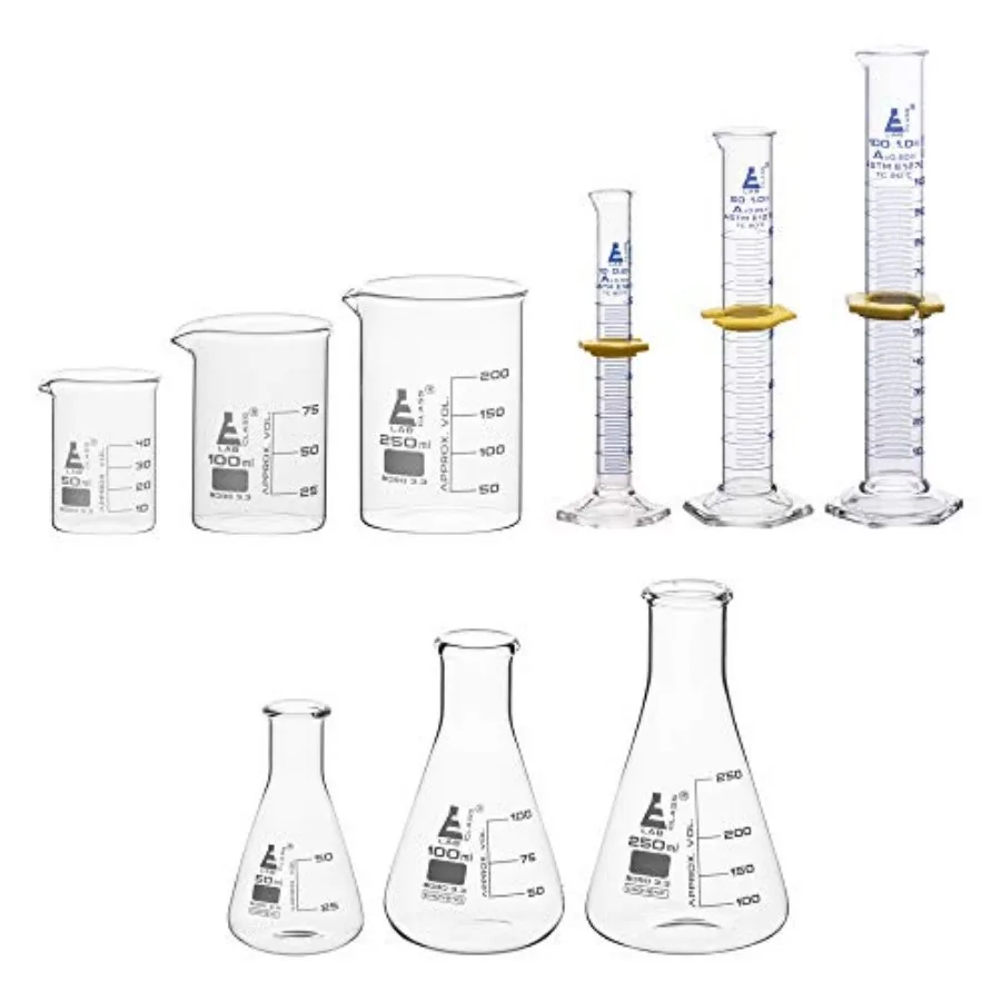 Laboratory Glassware Set 9pcs - Includes Beaker Set 3pcs Erlenmeyer Flask Set (3pcs) ASTM Class A Graduated Cylinder Set (3pc)
Laboratory Glassware Set 9pcs - Includes Beaker Set 3pcs Erlenmeyer Flask Set (3pcs) ASTM Class A Graduated Cylinder Set (3pc)