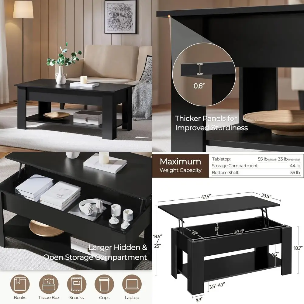 Contemporary Coffee Table with Hidden Compartment and Storage Shelf, 47.2in Long, Black for Living or Dining Room
Contemporary Coffee Table with Hidden Compartment and Storage Shelf, 47.2in Long, Black for Living or Dining Room