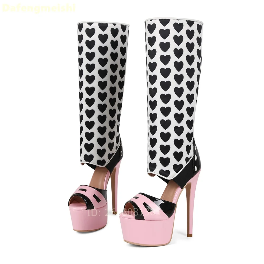 Women Pink Black Heart Print Knee High Boots Platform Stiletto Heel Open Toe Fashion Summer Boots Party Stage Performance Shoes
Women Pink Black Heart Print Knee High Boots Platform Stiletto Heel Open Toe Fashion Summer Boots Party Stage Performance Shoes