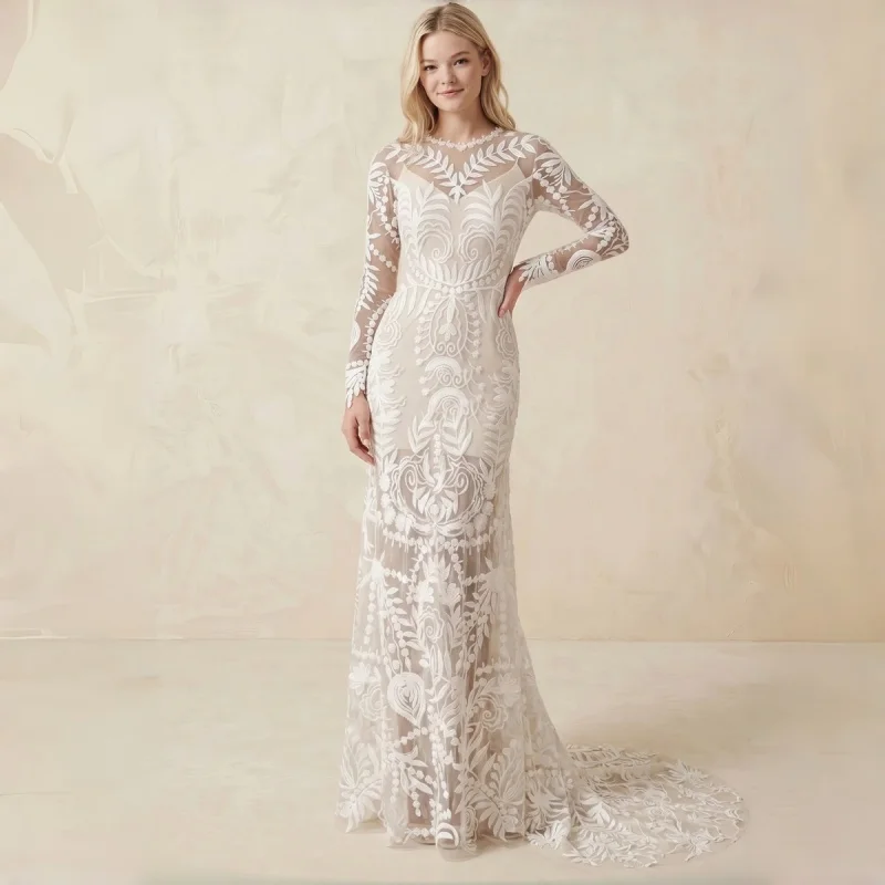 Lace Appliques Allover Botanical Embroidery Long Sleeves Illusion High Neck Mermaid Wedding Dress Evening Gowns Customizable
Lace Appliques Allover Botanical Embroidery Long Sleeves Illusion High Neck Mermaid Wedding Dress Evening Gowns Customizable