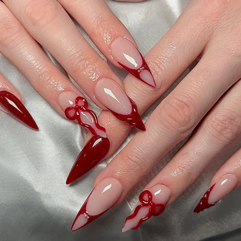 Red French Bow Press On Nails, Long Stiletto Fake Nails, 3D Red Bow Removable Elegant False Nail Tips
Red French Bow Press On Nails, Long Stiletto Fake Nails, 3D Red Bow Removable Elegant False Nail Tips