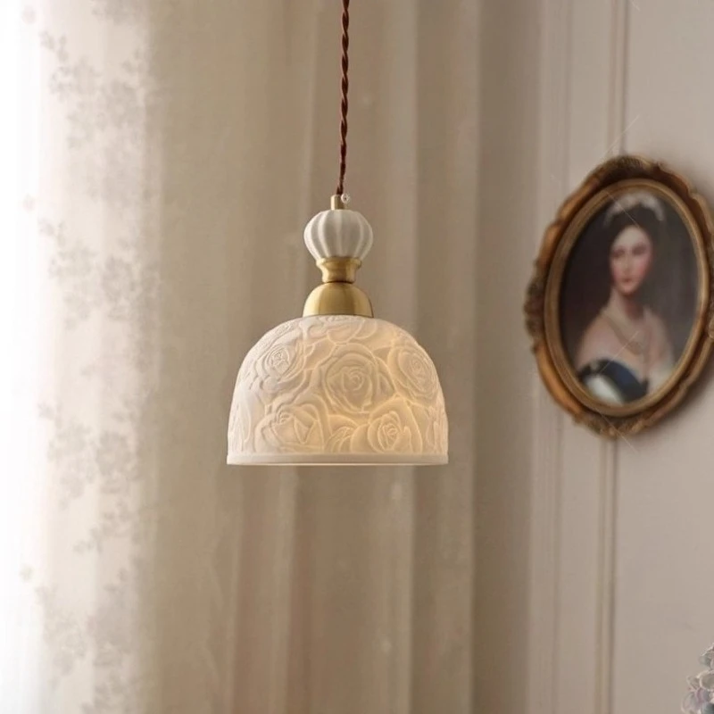 French ceramic pendant lights modern simple cream style Japanese retro brass light bedroom bedside lamp rose decor chandelier
French ceramic pendant lights modern simple cream style Japanese retro brass light bedroom bedside lamp rose decor chandelier