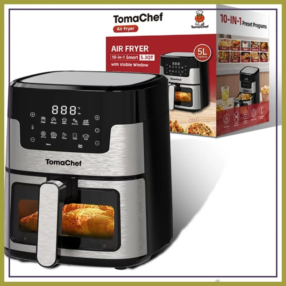 10-in-1 Air Fryer 5.3QT Compact Oil Free Cooker with Visible Window, Digital Control for Fries, Fish, Bake, Cake, DIY
10-in-1 Air Fryer 5.3QT Compact Oil Free Cooker with Visible Window, Digital Control for Fries, Fish, Bake, Cake, DIY
