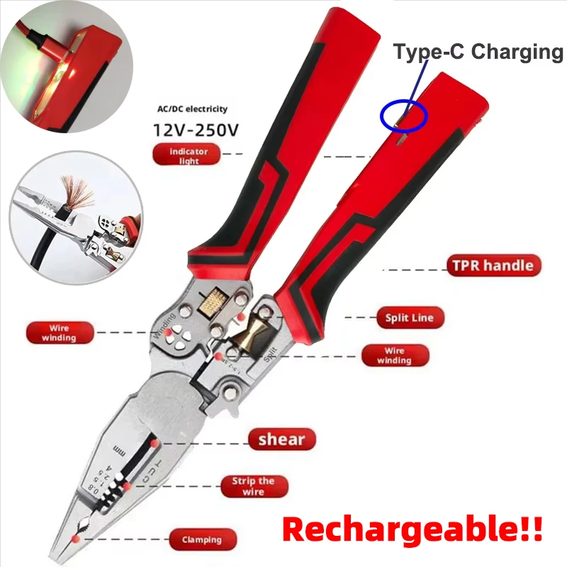 Щипцы для зачистки с тестером напряжения Универсальные плоскогубцы для зачистки проводов Измерение электричества Режущие обжимные клещи Перезаряжаемые
Щипцы для зачистки с тестером напряжения Универсальные плоскогубцы для зачистки проводов Измерение электричества Режущие обжимные клещи Перезаряжаемые