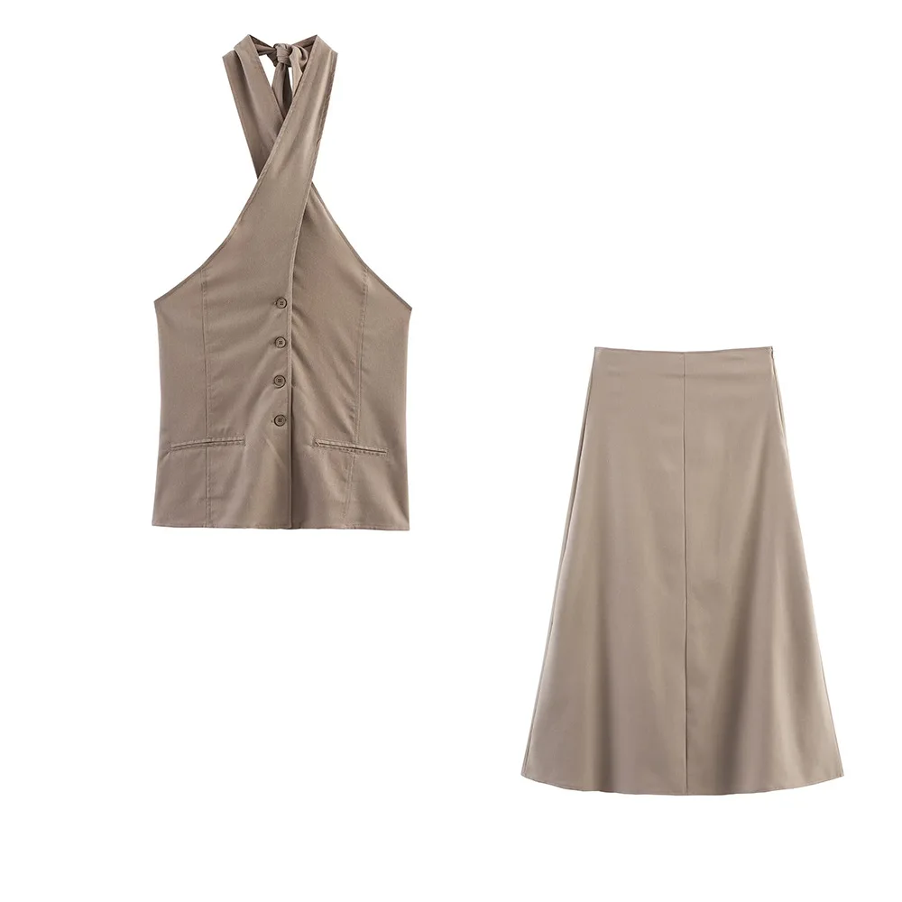 ZBZA Woman's Halter Neck Top A Line Skirt Suit Sleeveless Backless Single Breasted Cropped Vest High Waist Side Zipper Skirt Set
ZBZA Woman's Halter Neck Top A Line Skirt Suit Sleeveless Backless Single Breasted Cropped Vest High Waist Side Zipper Skirt Set