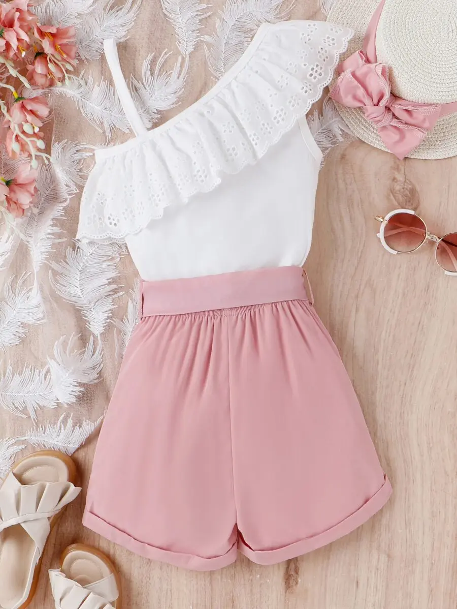Asymmetrical Neck Eyelet Ruffle Trim Top And Pink Shorts Set
Asymmetrical Neck Eyelet Ruffle Trim Top And Pink Shorts Set