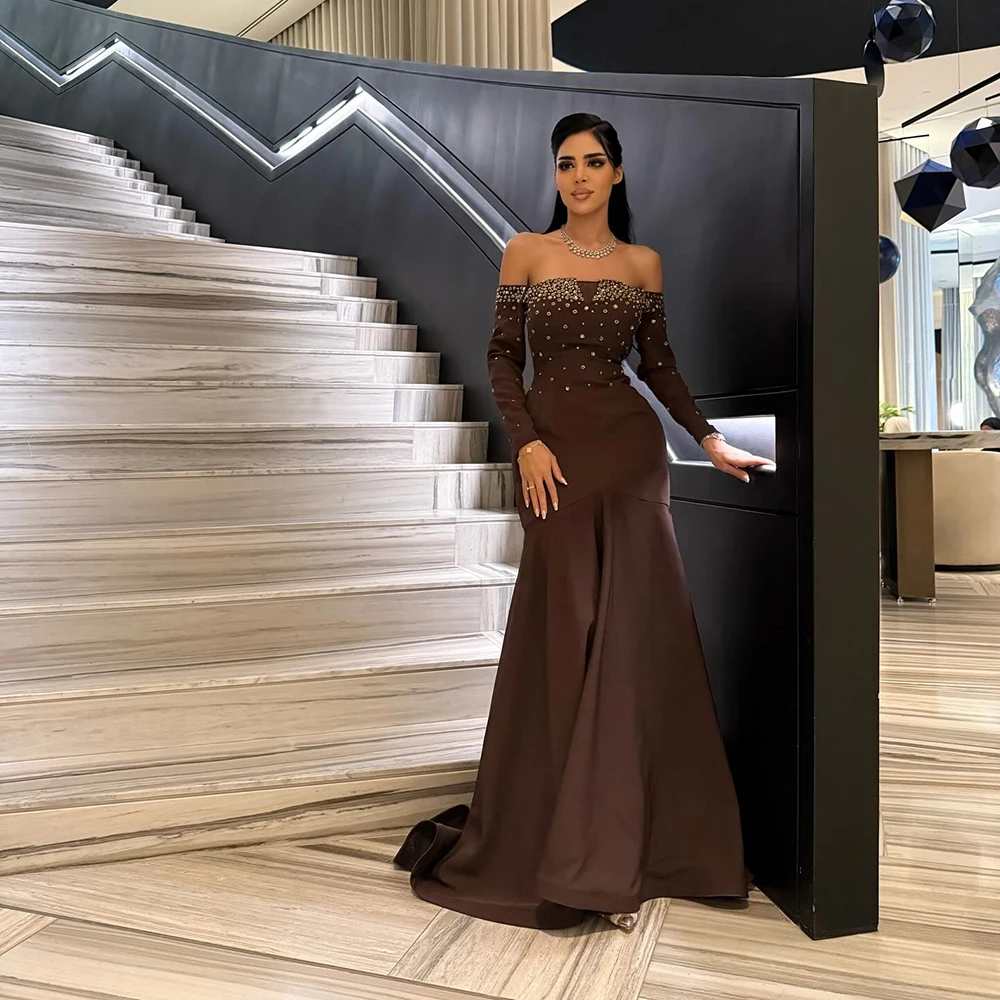 Customized Boat Neck Brown Jersey Evening Dress With Crystal Full Sleeves Mermaid Party Dress Backless Floor Length Prom Gown
Customized Boat Neck Brown Jersey Evening Dress With Crystal Full Sleeves Mermaid Party Dress Backless Floor Length Prom Gown