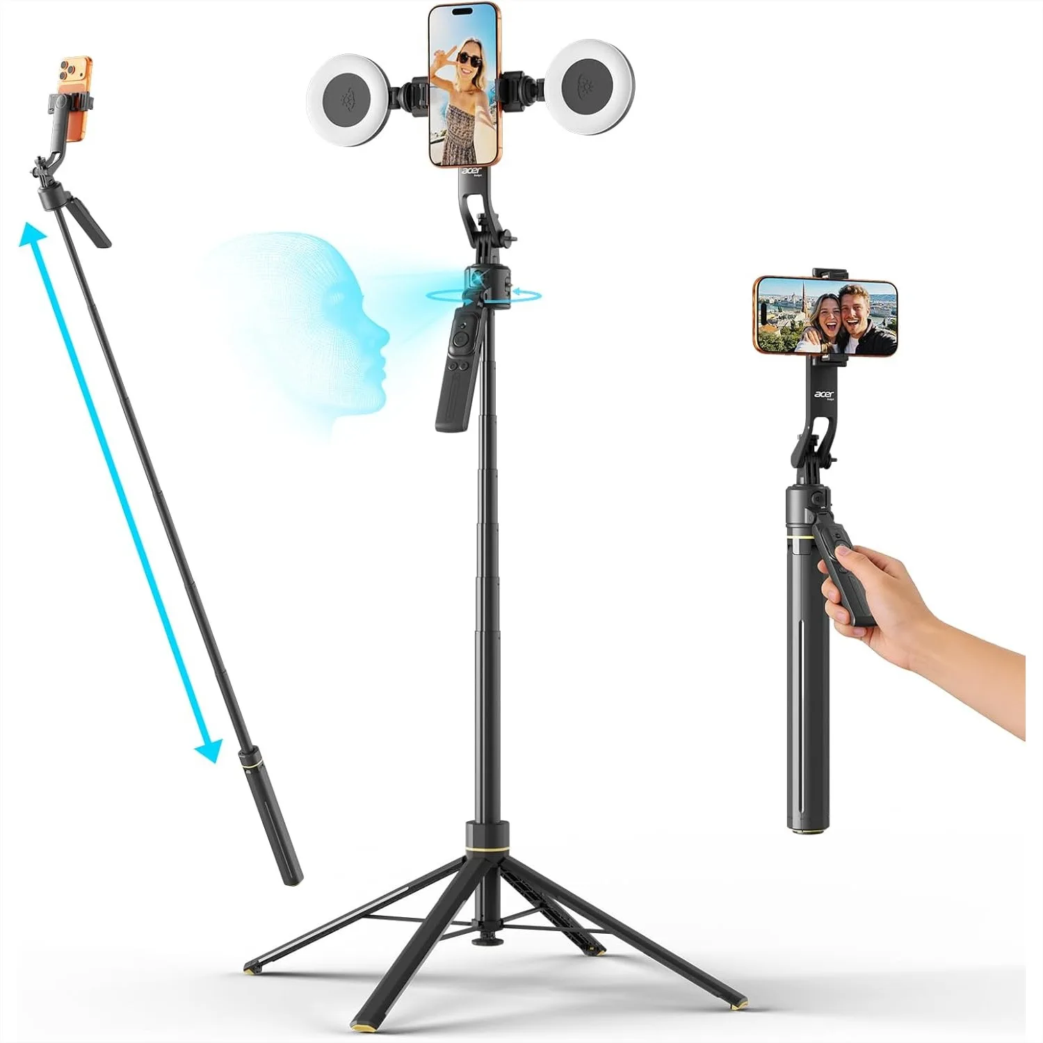 Auto Face Tracking Tripod for iPhone with Gesture Control, 64" Detachable Ring Light, 360° AI Tracking for Vlogging YouTube
Auto Face Tracking Tripod for iPhone with Gesture Control, 64" Detachable Ring Light, 360° AI Tracking for Vlogging YouTube