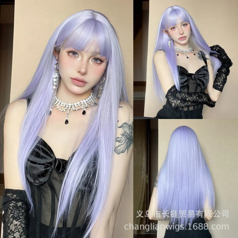 Women's wig, black long straight with neat bangs, high-temperature fiber, rose net cap, full head synthetic wig for women
Women's wig, black long straight with neat bangs, high-temperature fiber, rose net cap, full head synthetic wig for women