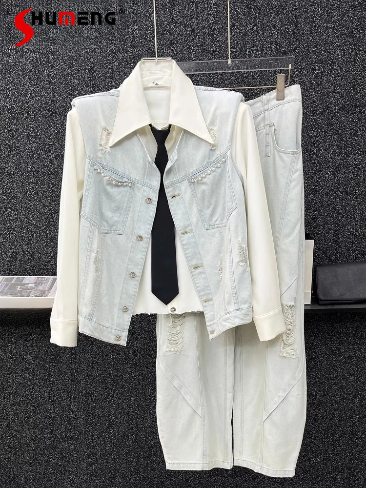 Men's 2025 Autumn New Hole Pearl Denim Vest Jackets Men's Trendy Chic 2pcs Padded Shoulder Short Style Vests Matching Pants Sets
Men's 2025 Autumn New Hole Pearl Denim Vest Jackets Men's Trendy Chic 2pcs Padded Shoulder Short Style Vests Matching Pants Sets