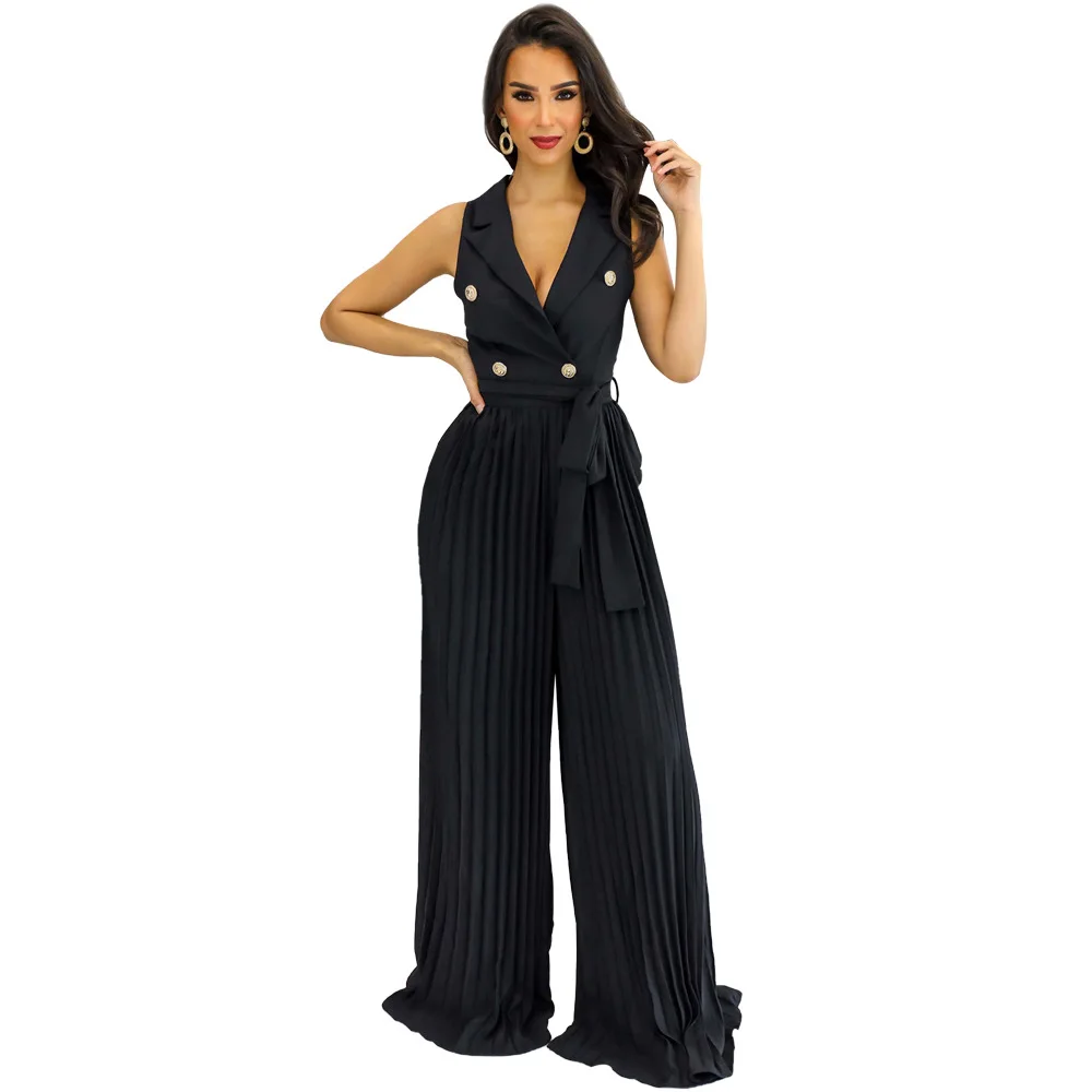 Women V-neck Sleeveless Backless Elegant Street Pleated Wide-Leg Jumpsuit Loose Button Solid Color Pants Jumpsuits
Women V-neck Sleeveless Backless Elegant Street Pleated Wide-Leg Jumpsuit Loose Button Solid Color Pants Jumpsuits
