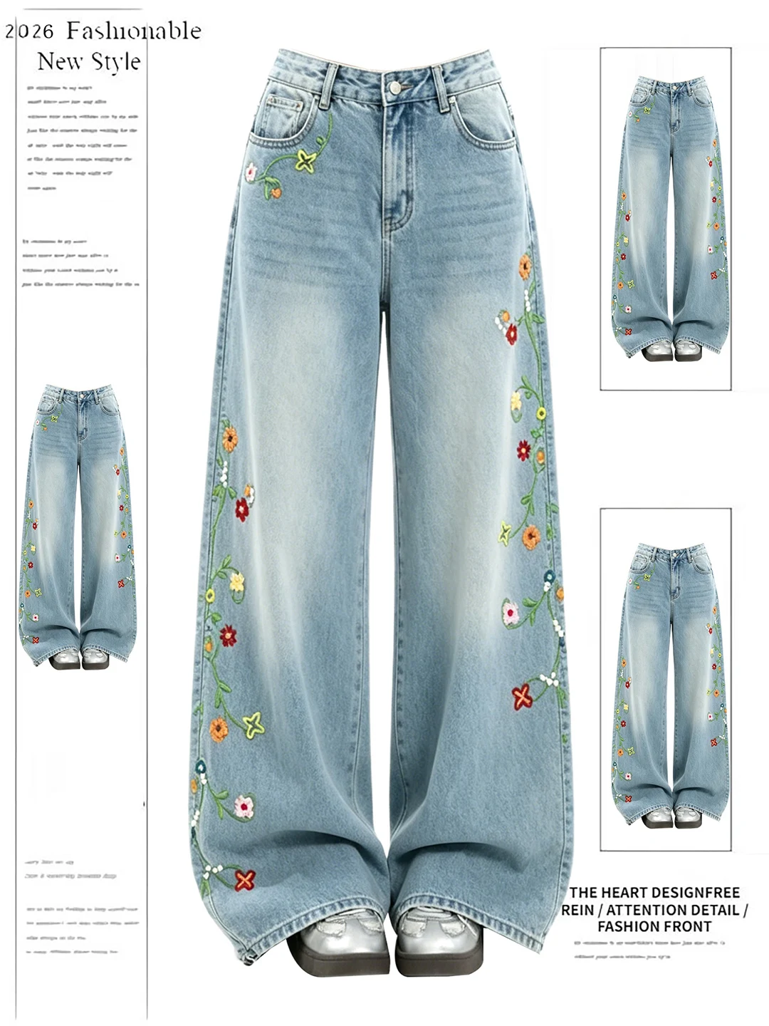 Retro American Floral Vine Embroidery Pearl Washed Denim Pants High Waist Wide Leg Casual Blue Jeans for Women Student
Retro American Floral Vine Embroidery Pearl Washed Denim Pants High Waist Wide Leg Casual Blue Jeans for Women Student