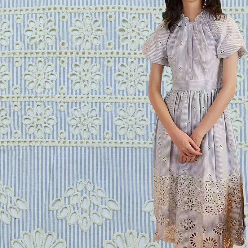 New 100% cotton blue striped hollow embroidery fabric for dresses, women's clothing children's clothing designer fabric
New 100% cotton blue striped hollow embroidery fabric for dresses, women's clothing children's clothing designer fabric
