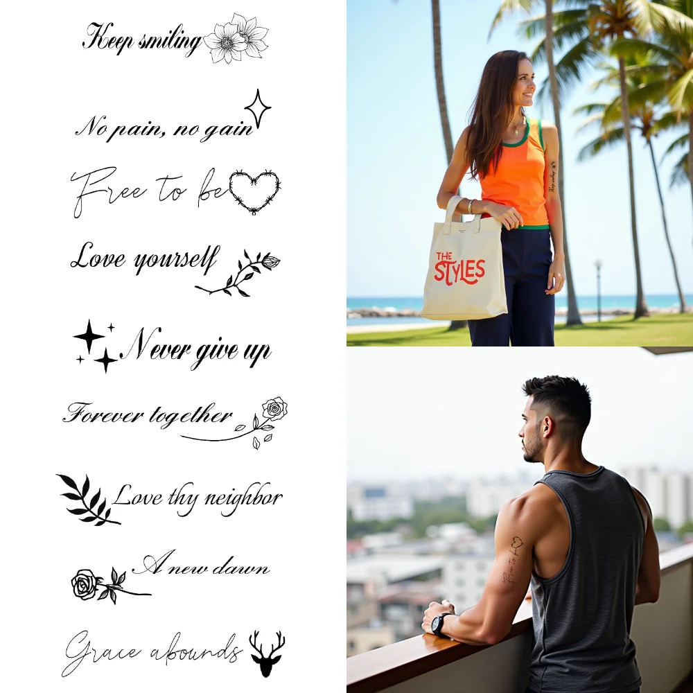 18pcs Temporary Tattoo Inspirational Quotes Waterproof Long-lasting Body Stickers Tattoo Designs For Women Adults Arms
18pcs Temporary Tattoo Inspirational Quotes Waterproof Long-lasting Body Stickers Tattoo Designs For Women Adults Arms
